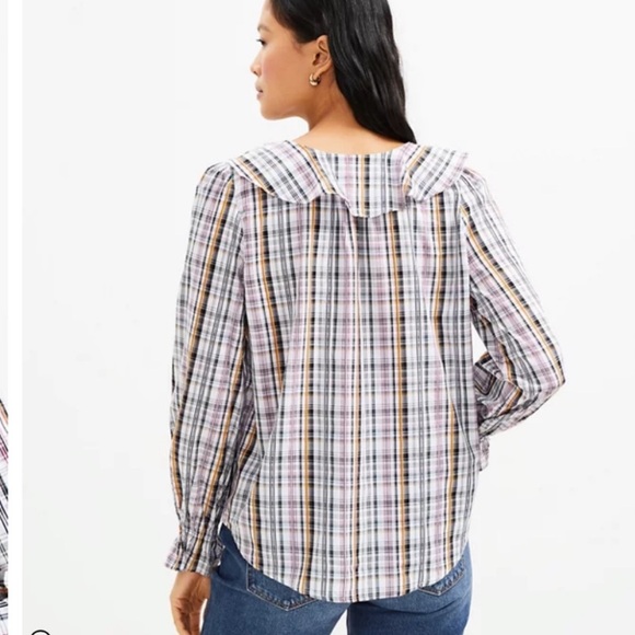 NWT LOFT Plaid Ruffle V-Neck Blouse - Picture 3 of 8